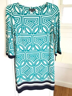 JESSICA HOWARD Shift Geometric Patterned Dress Teal Cream Women’s Size Medium